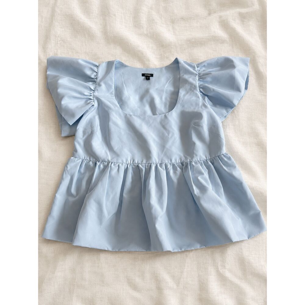 Express Light Blue Peplum Babydoll Flutter Sleeve Top S